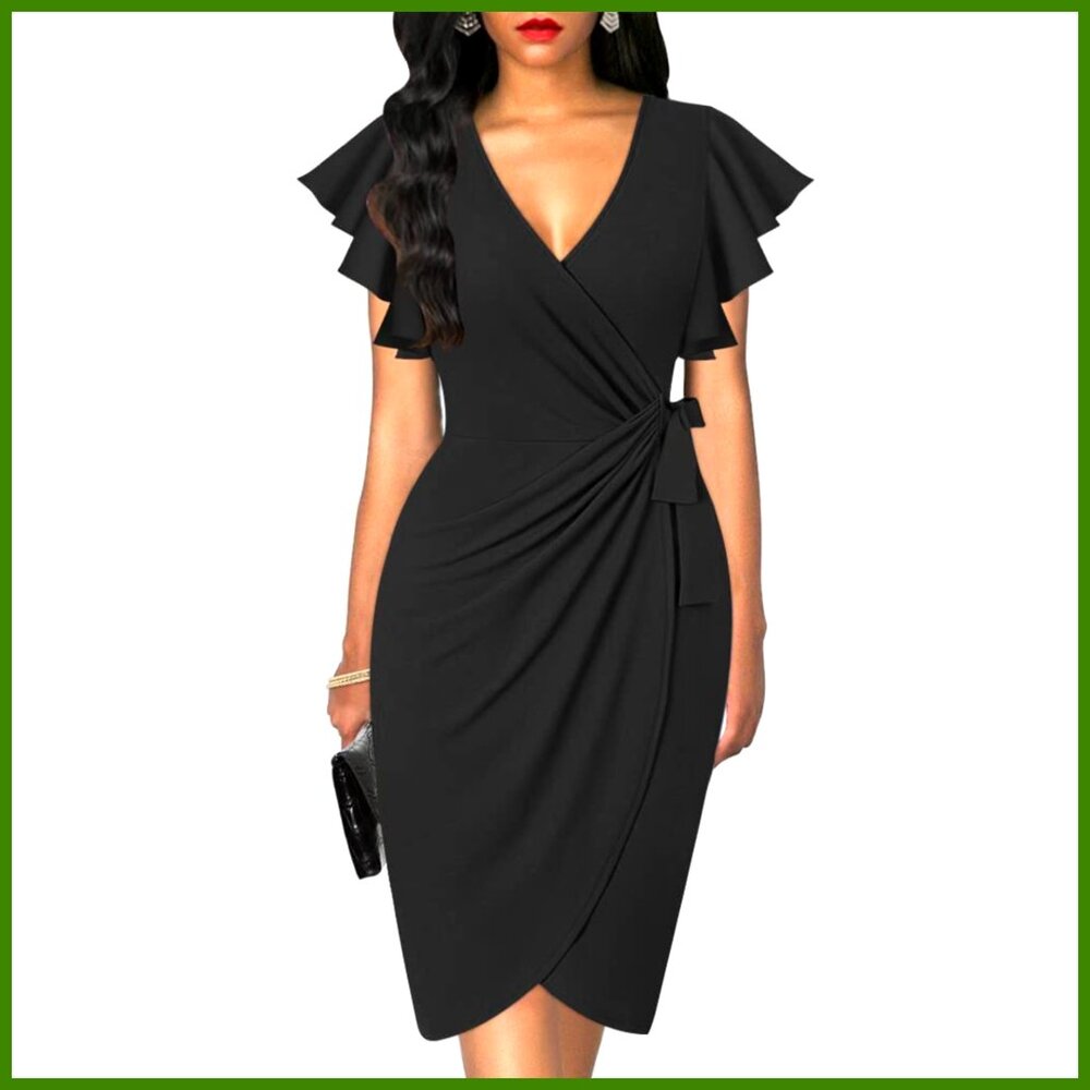 Deep V Neck Ruffle Sleeve Sheath Faux Wrap Dress
